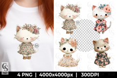 Cute Cat in Floral Dress Clipart Sublimation Product Image 1