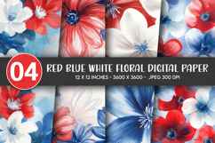 Red Blue White Floral Digital Paper Product Image 1