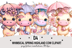 Whimsical Spring Highland Cow Clipart Watercolor PNG Product Image 1