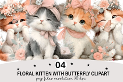 Floral Kitten with Butterfly Clipart Watercolor png Product Image 1