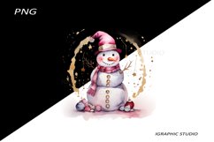 Pink Snowman Clipart, Gold and Pink Chistmas Clipart Product Image 1