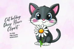 Cat holding daisy flower watercolor clipart Product Image 1