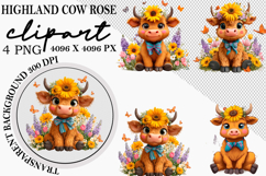 Whimsical Highland Cow Rose Clipart Clipart Product Image 1