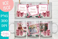 Pink Christmas photo mug wrap PNG Sublimation, festive mug Product Image 1
