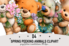 Whimsical Spring Peeking Animals Clipart Watercolor png Product Image 1