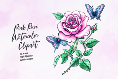 Pink rose with butterfly watercolor clipart sublimation Product Image 1