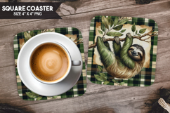Cute Sloth, Animal coaster, Buffalo Plaid Square Coaster PNG Product Image 1