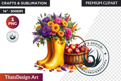 Autumn Floral Rain Boots PNG, Fall Flower in Wellies Clipart Product Image 1