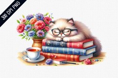 Books And Sleeping Cat Sublimation - Clipart PNG Design Product Image 1