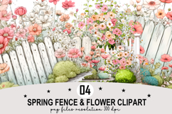 Whimsical Spring Fence &amp; Flower Clipart Watercolor Png Product Image 1