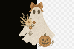 Embroidery Ghost Floral Bow Pumpkin Halloween PNG Design Product Image 1