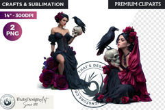 Gothic Girls with raven and roses fantasy PNG Clipart Product Image 1