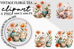Whimsical Vintage Floral Tea Set Clipart Png Product Image 1