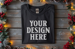 Gildan 64000 Black Folded Christmas Flat Lay T-shirt Mockup Product Image 1