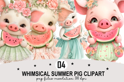 Whimsical Summer Pig Clipart Watercolor PNG Product Image 1