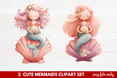 2 Cute Mermaids Clipart Set | Whimsical Mermaid Illustration Product Image 1