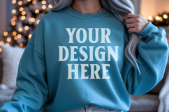 Comfort Colors 1566 Blue Spruce Sweatshirt Mockup Real Model Product Image 1