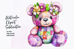watercolor cute kawai teddy bear patchwork patterned clipart Product Image 1