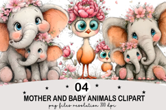 Mother and Baby Animals Clipart Watercolor png Product Image 1