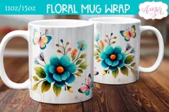 Spring floral mug wrap sublimation PNG, Butterflies mug png Product Image 1