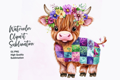 Watercolor kawaii highland cow patchwork patterned clipart Product Image 1