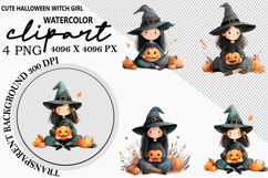 Cute Halloween Witch Girl Clipart Watercolor PNG Product Image 1