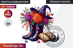 Halloween Floral Rain Boots - Cute Witchy Garden Clipart PNG Product Image 1