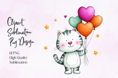 Cute Cat Holding Heart Balloons Sublimation PNG Product Image 1
