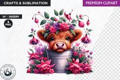 Highland calf Clipart, Highland cow in a bucket, Spring png Product Image 1