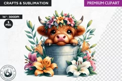 Highland calf Clipart, Highland cow in a bucket, Spring png Product Image 1