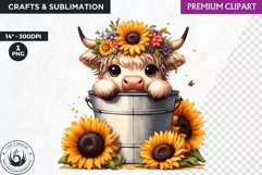 Highland calf Clipart, Highland cow in a bucket, Spring png Product Image 1