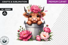Highland calf Clipart, Highland cow in a bucket, Spring png Product Image 1