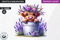 Highland calf Clipart, Highland cow in a bucket, Spring png Product Image 1