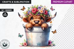 Highland calf Clipart, Highland cow in a bucket, Spring png Product Image 1