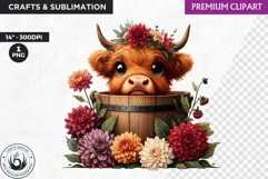 Highland calf Clipart, Highland cow in a bucket, Spring png Product Image 1