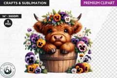 Highland calf Clipart, Highland cow in a bucket, Spring png Product Image 1