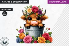 Highland calf Clipart, Highland cow in a bucket, Spring png Product Image 1