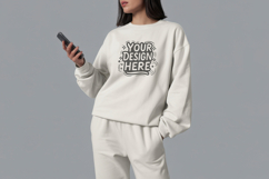 Women Hold Phone Pose Sweatshirt Mockup PSD JPG Product Image 1