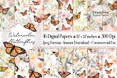 16 Seamless Watercolor Monarch Butterfly Digital Papers Product Image 1