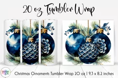 Blue Christmas Bulbs Tumbler Wrap Design | Pine Branches PNG Product Image 1