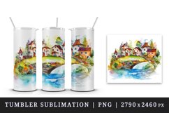 16 watercolor quaint little village with colorful houses and a stream print design wrap sublimation bundle for 20 oz tumbler