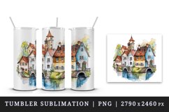 16 watercolor quaint little village with colorful houses and a stream print design wrap sublimation bundle for 20 oz tumbler
