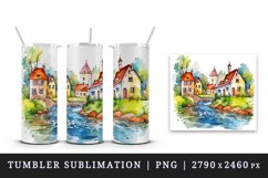16 watercolor quaint little village with colorful houses and a stream print design wrap sublimation bundle for 20 oz tumbler