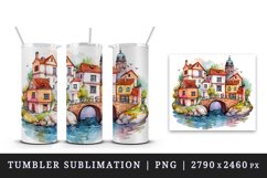 16 watercolor quaint little village with colorful houses and a stream print design wrap sublimation bundle for 20 oz tumbler