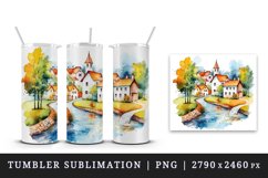 16 watercolor quaint little village with colorful houses and a stream print design wrap sublimation bundle for 20 oz tumbler