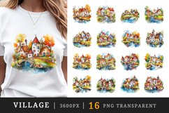 16 watercolor quaint little village with colorful houses and a stream sublimation printable t-shirt designs and clipart bundle png transparent