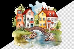 16 watercolor quaint little village with colorful houses and a stream sublimation printable t-shirt designs and clipart bundle png transparent