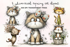 Whimsical Spring Cat Clipart PNG Product Image 1
