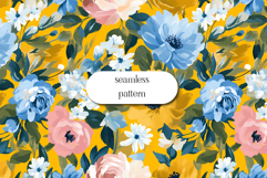 Bold Floral Seamless Pattern Blue &amp; Pink on Mustard Yellow Product Image 1