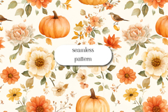 Watercolor Fall Pumpkins &amp; Flowers Seamless Pattern Product Image 1